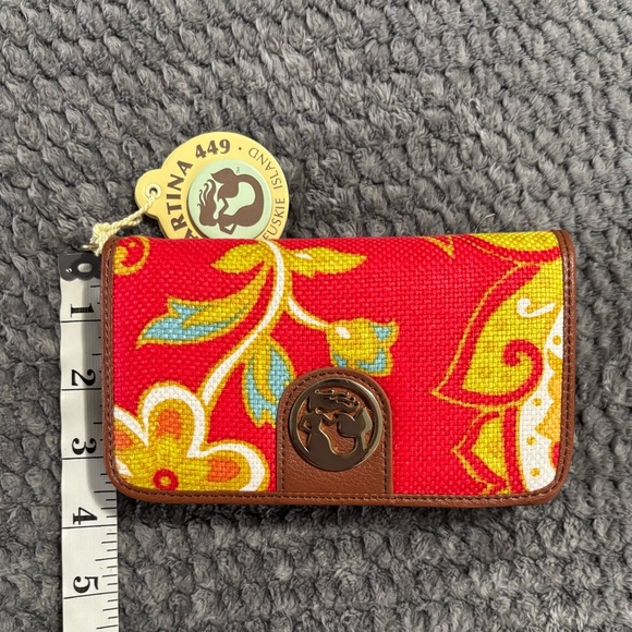 Spartina 449 Red Floral Canvas Wristlet Wallet with leather Brown Trim - Picture 8 of 9